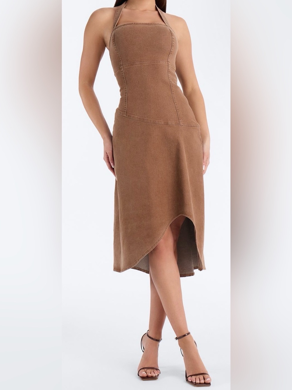 NWT Halter Brown Midi Denim Dress